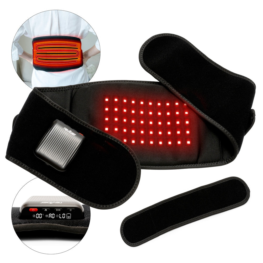 The Reviber Zen Physio Back Therapy Belt by Reviber features a black design with red LED lights for infrared therapy, an attached control box, and Velcro straps, shown wrapped around a waist with control settings displayed.