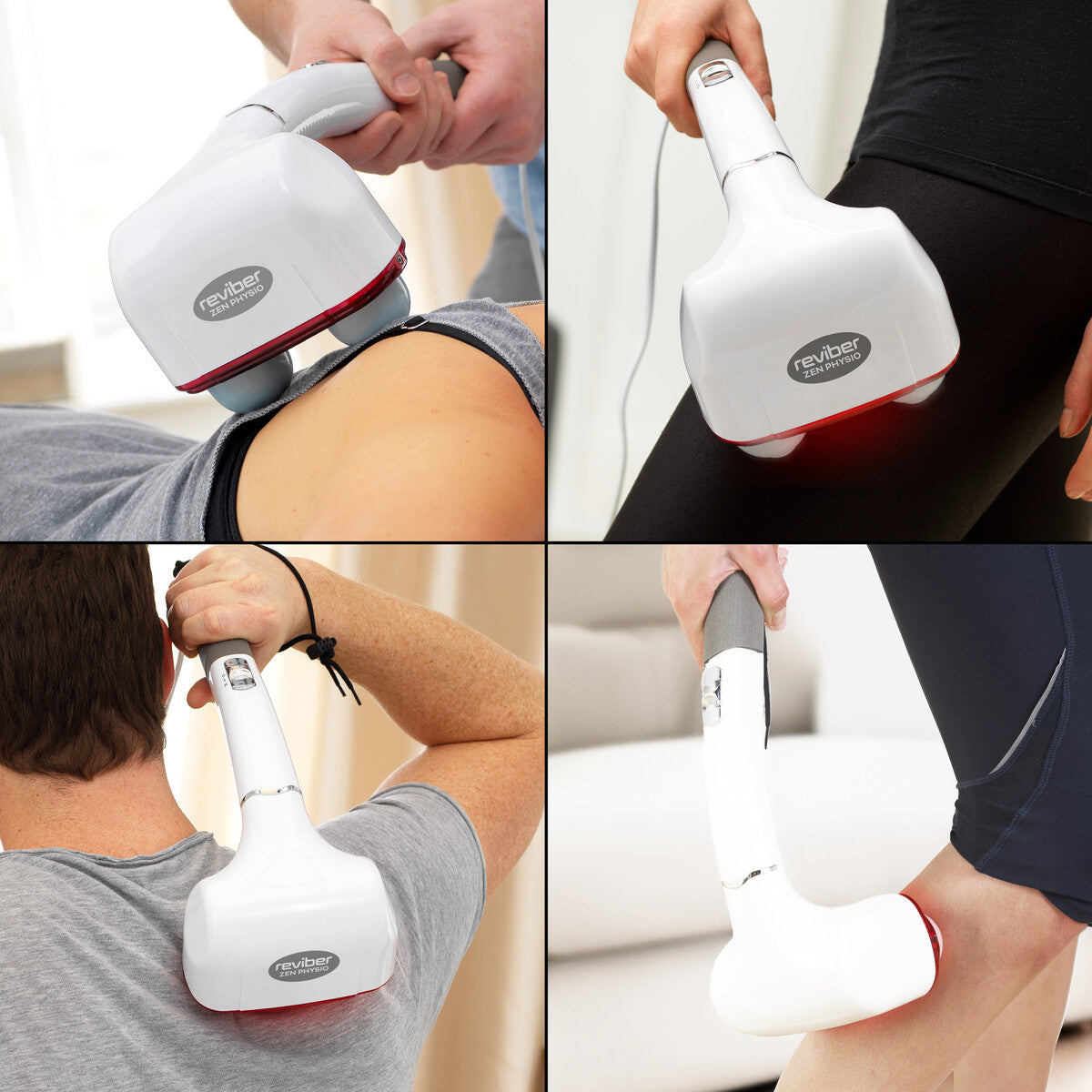 Four images show the Reviber Zen Physio Deep Tissue Massager by Reviber being used with red lights on the shoulder, thigh, upper back, and calf to provide percussive massage for muscle pain relief in multiple seated positions.