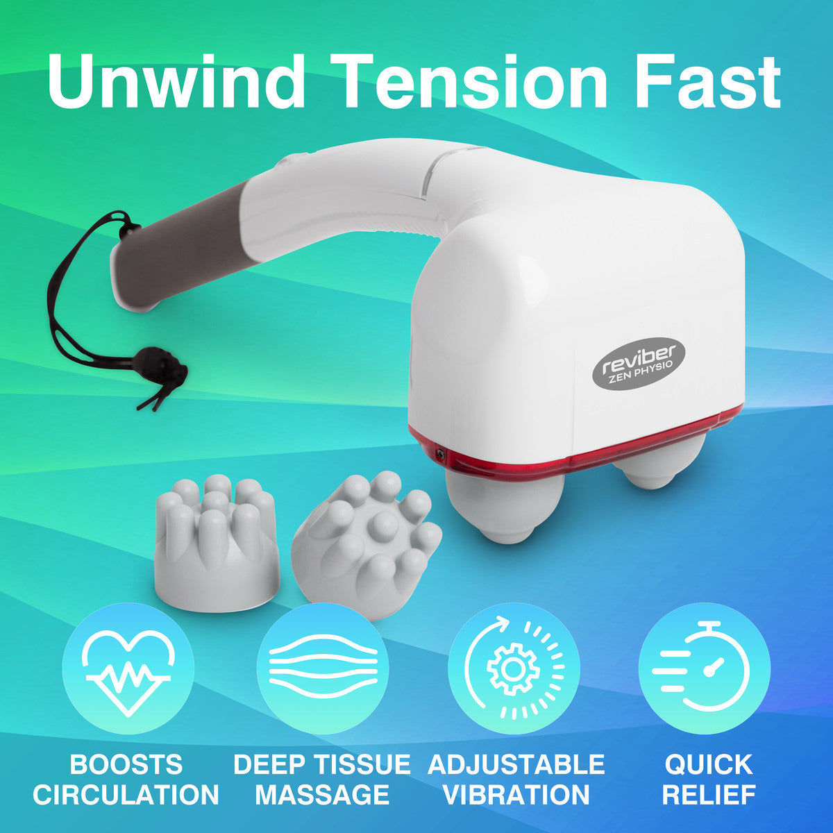 The Reviber Zen Physio Deep Tissue Massager by Reviber is shown on a blue-green background. Text reads Unwind Tension Fast and highlights benefits: muscle pain relief, boosts circulation, adjustable vibration, and quick relief.