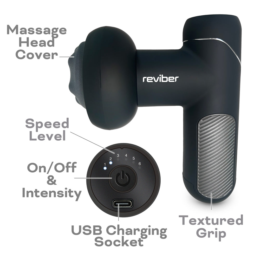 The Reviber Active Relief Shiatsu Massager by Reviber in black features a massage head cover, speed level, on/off and intensity button, USB charging socket, and textured grip for deep tissue relief and muscle tension release.