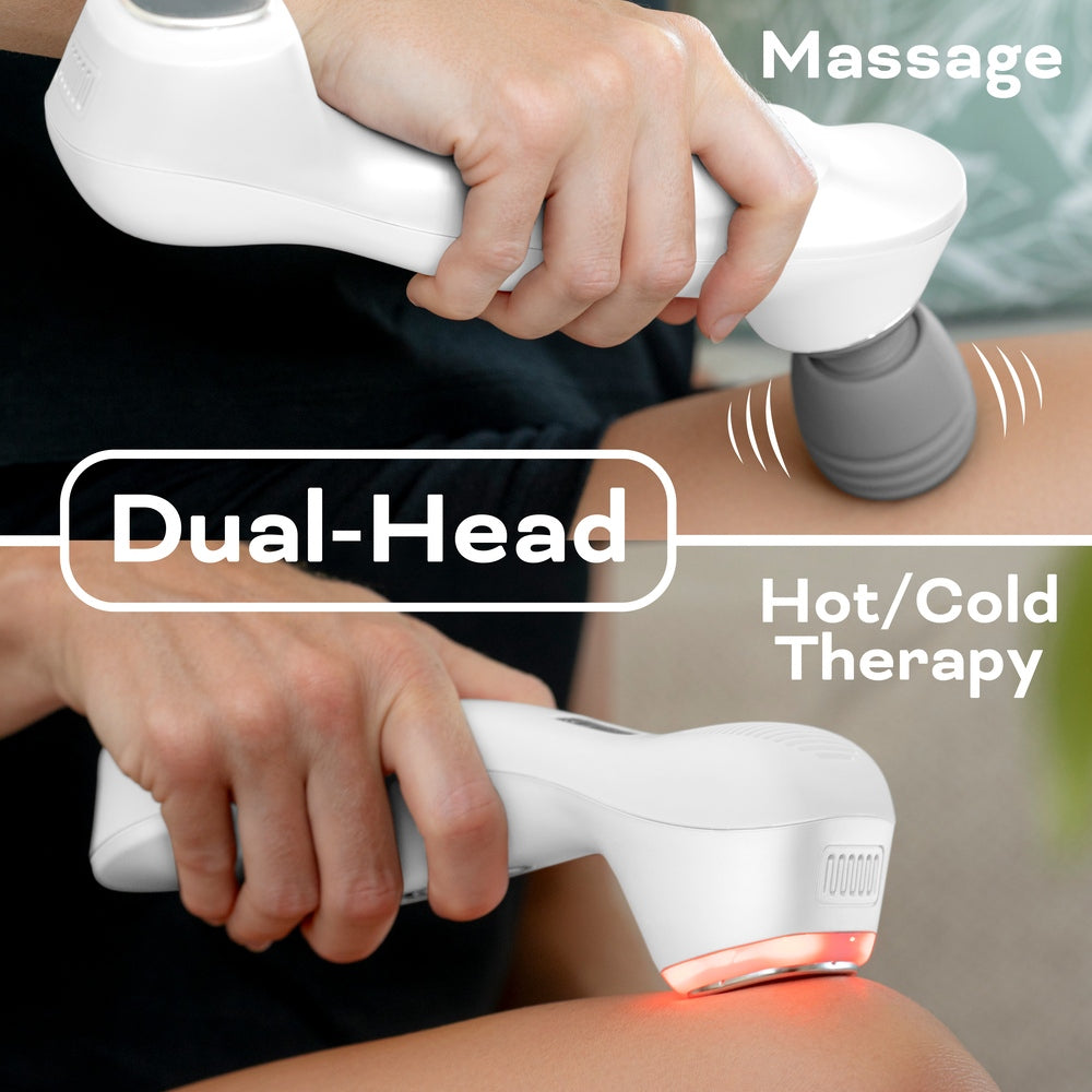 A person uses the Reviber Hot & Cold Deep Tissue Massager on their thigh. The top shows spa massage mode with a gray head, the bottom shows hot/cold therapy with red light. Text: “Dual-Head,” “Massage,” and “Hot/Cold Therapy.”.