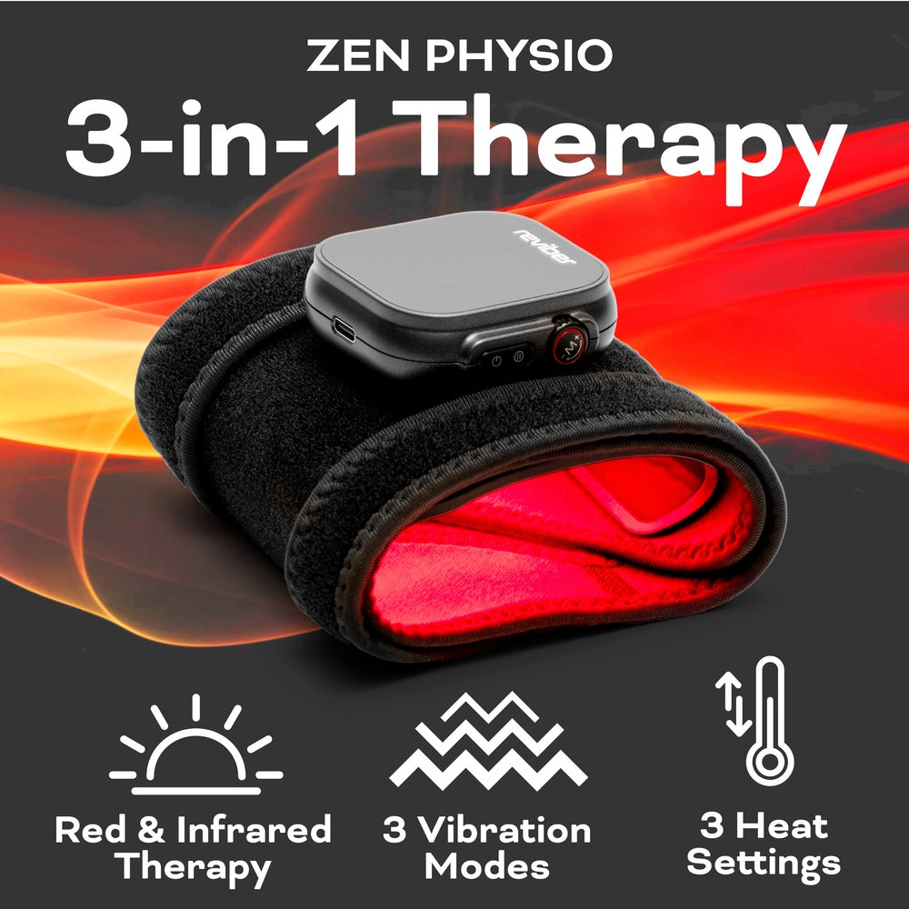 The Reviber Infrared Light Therapy Pad by Reviber is a black wearable pain relief device with a digital display, soft fabric band, and glowing red light. It offers 3-in-1 Therapy: red & infrared therapy, vibration massage, and adjustable heat settings.