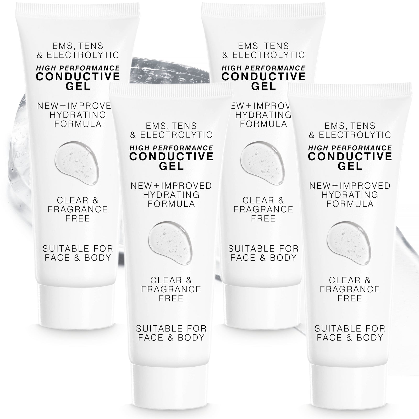 Four tubes of Reviber EMS, TENS, Electrolytic and Micro-Current Toning Conductive Gel (4 x 85ml) stand in front of a blurred silver background. Each clear, fragrance-free tube shows a gel texture image, suitable for face and body.