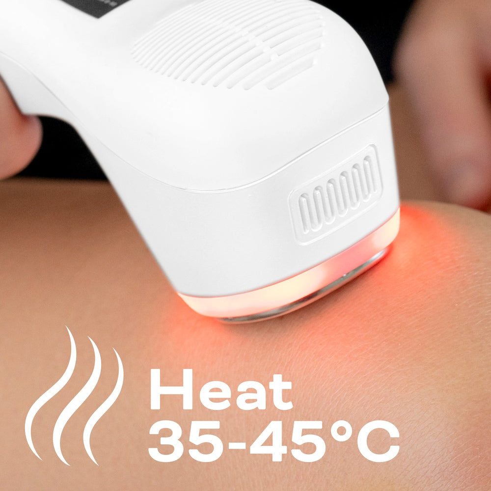 A close-up of the Reviber Hot & Cold Deep Tissue Massager emitting red light onto skin, with "Heat 35-45°C" and wavy heat lines overlayed, highlighting a spa-inspired massage at home from Reviber.