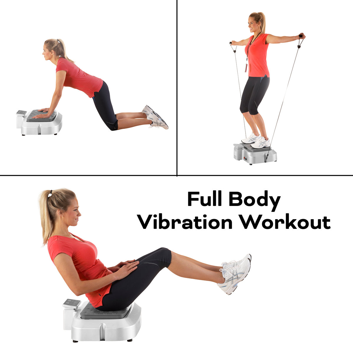 A woman demonstrates push-ups, resistance band arm raises, and seated leg lifts on the Reviber Plus Oscillating Vibration Plate Exerciser by Reviber. Text reads: Full Body Vibration Workout.