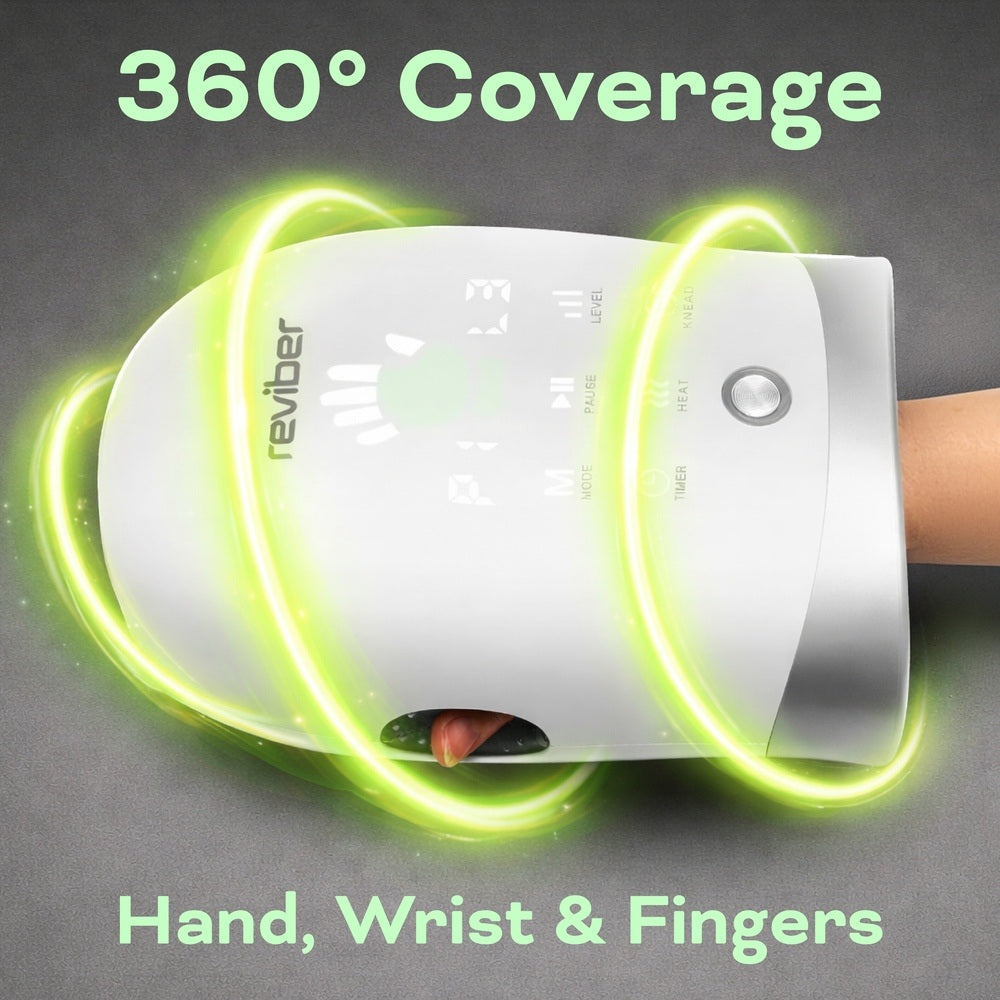 A white Reviber Hand Spa Massager with Heat & Finger Stretch covers a hand, while glowing green light rings swirl around it. Experience 360° coverage with targeted shiatsu massage for your hand, wrist, and fingers using gentle air compression. The brand name reviber appears on the device.