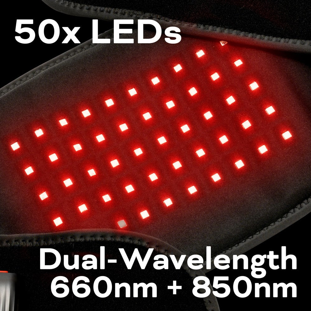 Close-up of 50 glowing red LEDs on the Reviber Zen Physio Back Therapy Belt by Reviber, arranged in neat rows, with text: “50x LEDs” and “Dual-Wavelength 660nm + 850nm” on a dark background. Ideal for back therapy.
