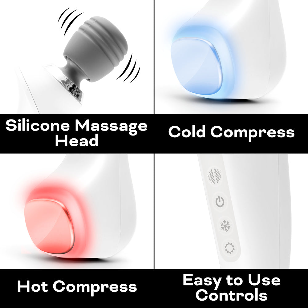 Four images display the Reviber Hot & Cold Deep Tissue Massager’s features: a vibrating silicone head, cold compress button with blue light, hot compress button with red light, and simple handle controls for a spa-like massage.
