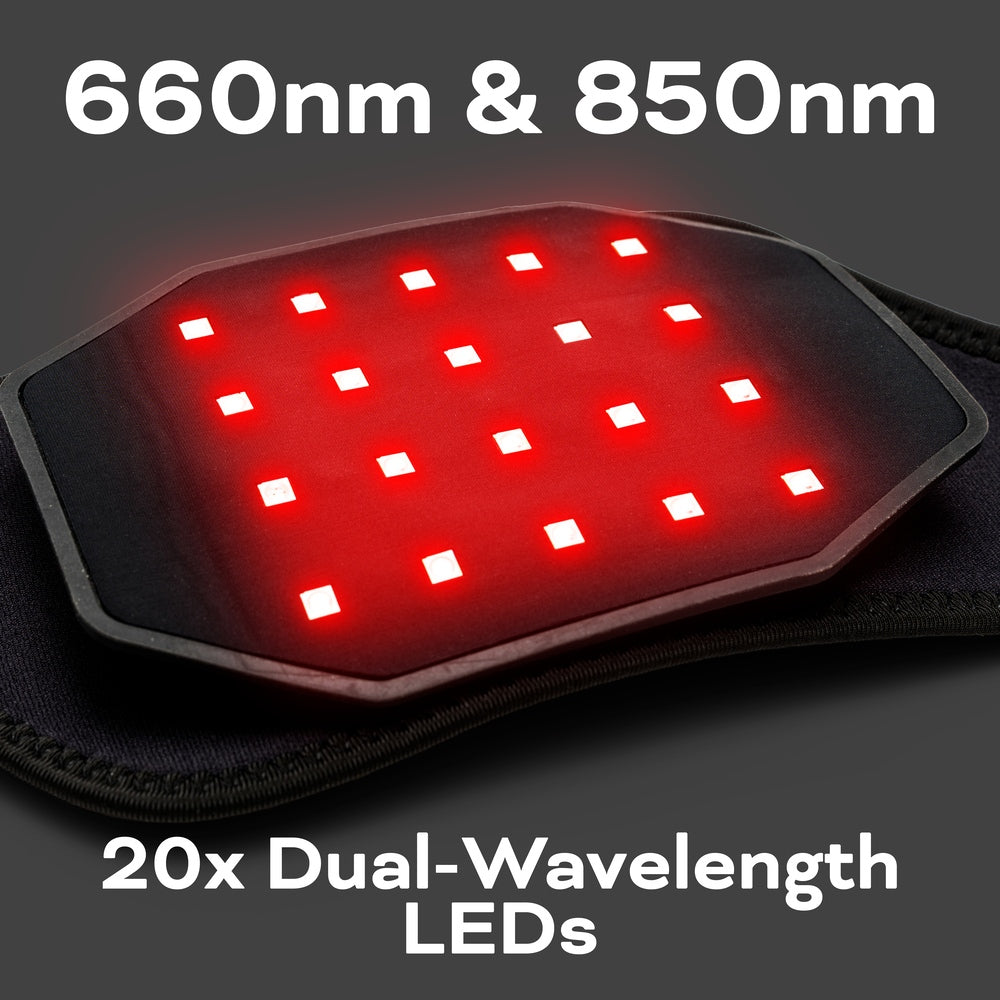 A close-up of the Reviber Infrared Light Therapy Pad by Reviber, showing 20 illuminated red (660nm) & white (850nm) LEDs labeled "20x Dual-Wavelength LEDs," designed for wearable pain relief.
