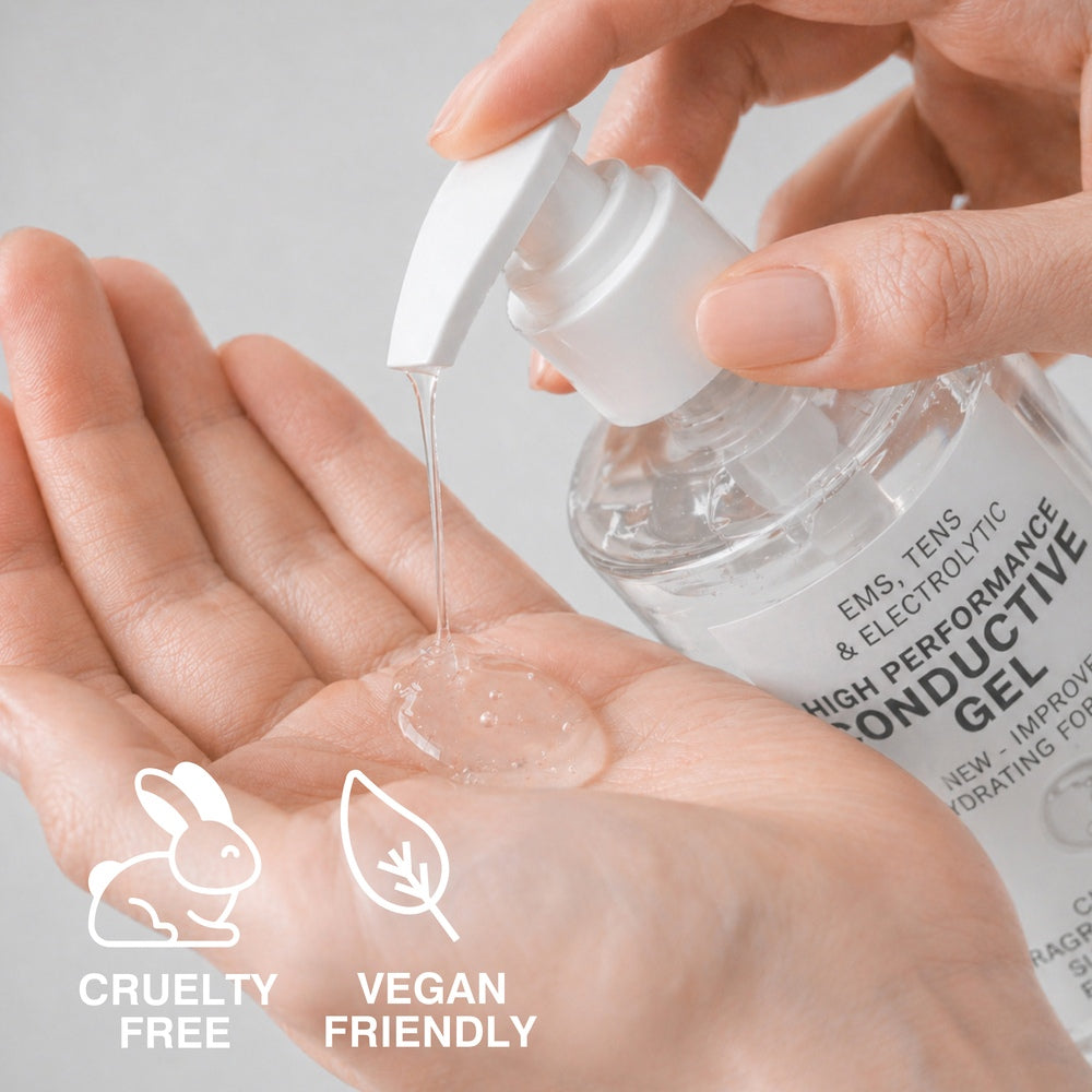 A hand dispenses Reviber EMS, TENS, Electrolytic and Micro-Current Toning Conductive Gel from a pump bottle into another palm—perfect for use with any EMS toning or micro-current device. Icons show that the product is both cruelty free and vegan friendly.