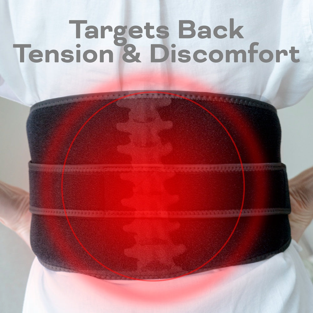 A person wears a Reviber Zen Physio Back Therapy Belt, with a red glow highlighting the lower back to suggest infrared therapy. Text above: Targets Back Tension & Discomfort. Brand: Reviber.