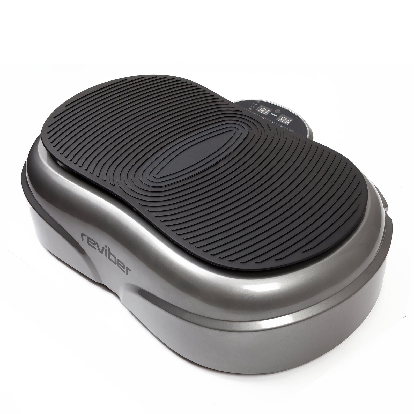 The Reviber Fusion Oscillating Vibration Plate Exerciser by Reviber features a gray design with a textured black surface and digital display, ideal for toning muscles and burning calories, shown against a white background.