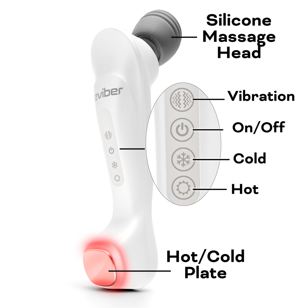 The Reviber Hot & Cold Deep Tissue Massager by Reviber is a white handheld device with a gray silicone head, labeled buttons for vibration, on/off, hot, and cold functions, and a base with a red-glowing hot/cold plate for spa-like relief at home.
