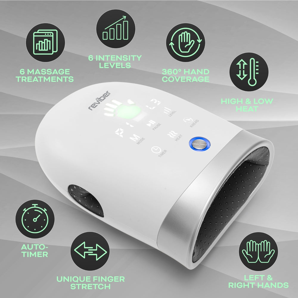 The Reviber Hand Spa Massager with Heat & Finger Stretch by Reviber features easy-to-use control buttons and is surrounded by icons highlighting its advanced functions: 6 massage treatments including soothing shiatsu, 6 adjustable intensity levels, 360° hand coverage with gentle air compression, optional high and low heat settings, an auto-timer, a specialized finger stretcher, and suitability for both left and right hand use.