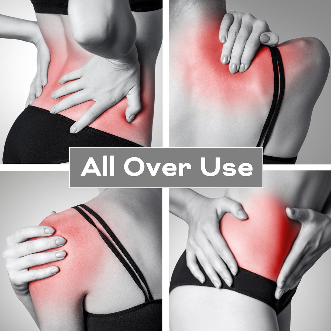 A collage of four photos shows a woman holding sore spots on her back and shoulder highlighted in red with "All Over Use" text—ideal for use with the Reviber Deep Tissue Percussion Massage Gun with Long Reach Handle by Reviber.