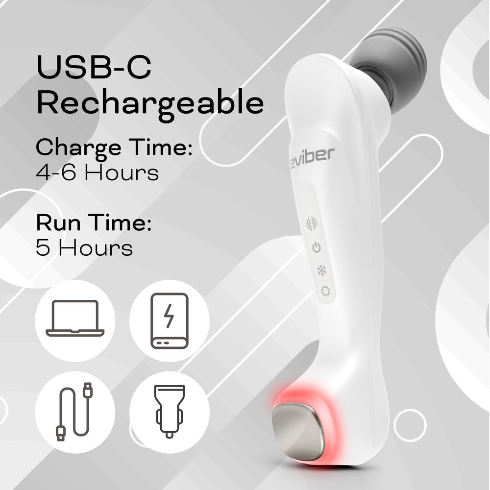 The Reviber Hot & Cold Deep Tissue Massager by Reviber is a white handheld device with a display showing USB-C Rechargeable. Charge time is 4–6 hours, run time is 5 hours. Icons include laptop, plug, USB-C cable, and charging indicators.