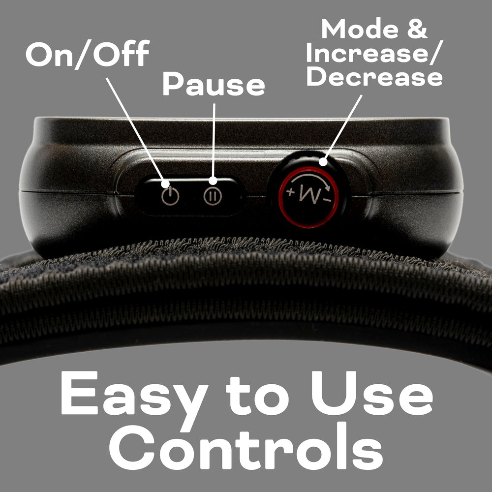 Close-up of the Reviber Infrared Light Therapy Pad by Reviber, featuring buttons labeled On/Off, Pause, Mode & Increase/Decrease. Easy to Use Controls are shown below, with clearly marked vibration massage settings and icons.
