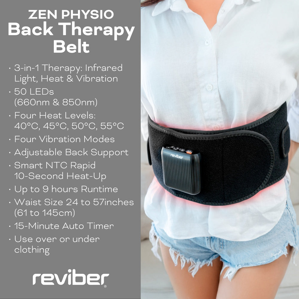 A person wears the Reviber Zen Physio Back Therapy Belt with a control unit on their lower back. Text beside them highlights infrared light, vibration massage, adjustable fit, and up to 9 hours runtime. The Reviber logo appears at the bottom.
