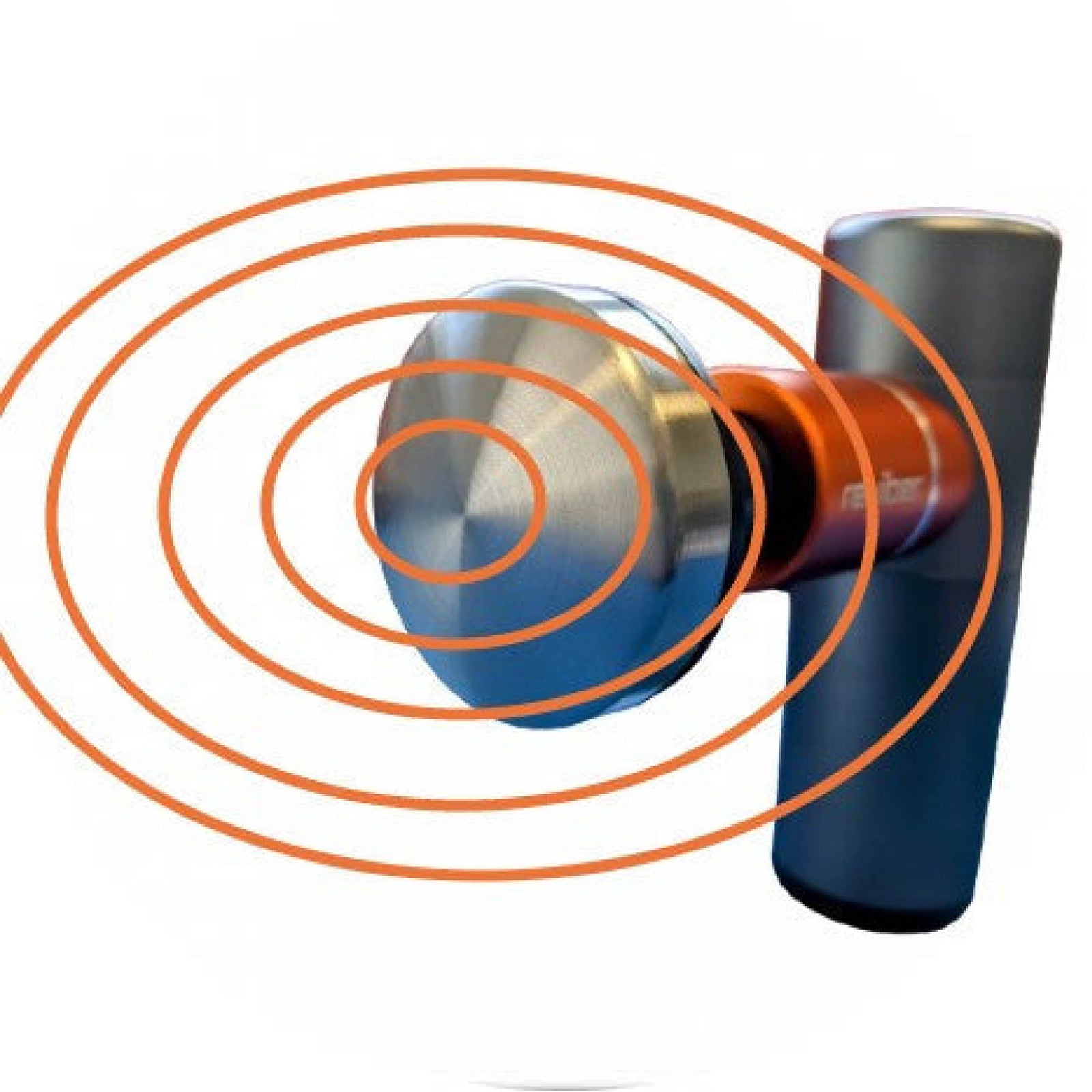 The Reviber Mini Massage Gun With Heat Therapy by Reviber features a metallic design and a round head, releasing orange concentric circles to illustrate its powerful deep tissue massage vibrations on a white background.