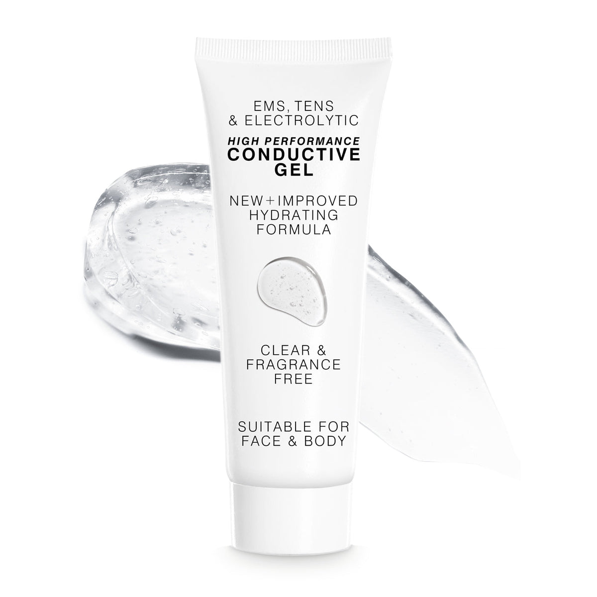 A white tube of Reviber EMS, TENS &amp; Micro-Current Toning Conductive Gel 85ml stands before a clear gel smear. Its packaging highlights a hydrating, fragrance-free formula—ideal as a microcurrent gel for face and body.