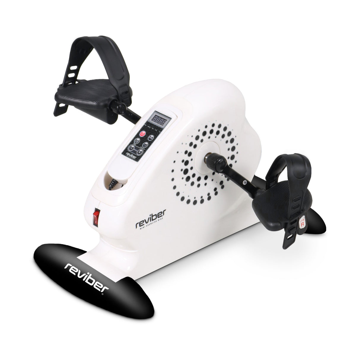 The Reviber Mini Motorised Exercise Bike is a compact, white device with black pedals, foot straps, a digital display, and “Reviber” branding—ideal for home fitness and low-impact rehabilitation.