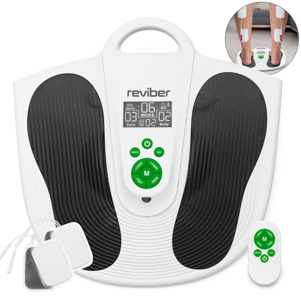 The Reviber Circulation Stim Pro by Reviber features black foot pads, a digital display, green controls, remote, and electrode pads. Inset: electrode pads on calves and feet—ideal for active recovery and lower leg strength.