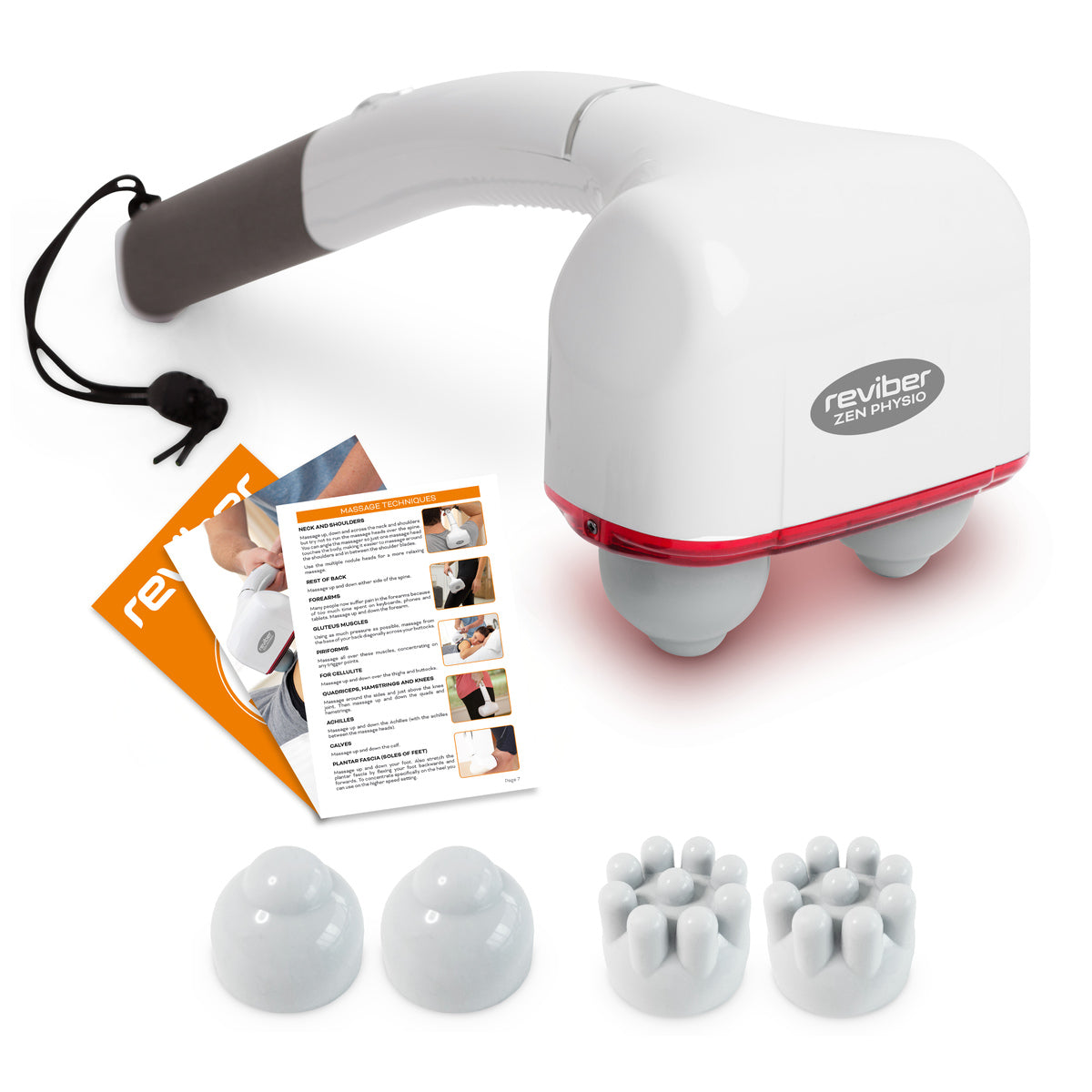 The Reviber Zen Physio Deep Tissue Massager by Reviber features interchangeable white massage heads, a black wrist strap, and instruction booklets for effective muscle pain relief—shown on a white background.