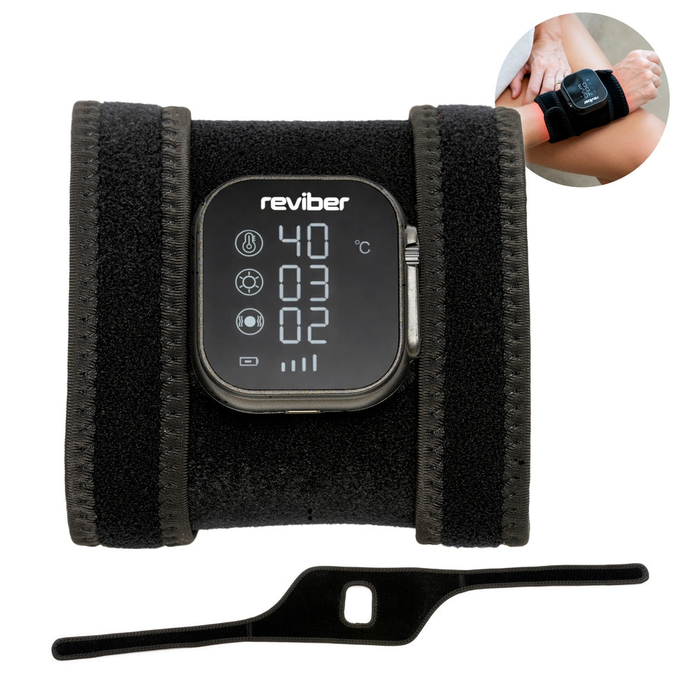 The Reviber Infrared Light Therapy Pad by Reviber is a black wearable pain relief device with a digital display for temperature and settings, attached to a wrap-around strap. An inset shows it worn on an arm, with an extra strap displayed below.