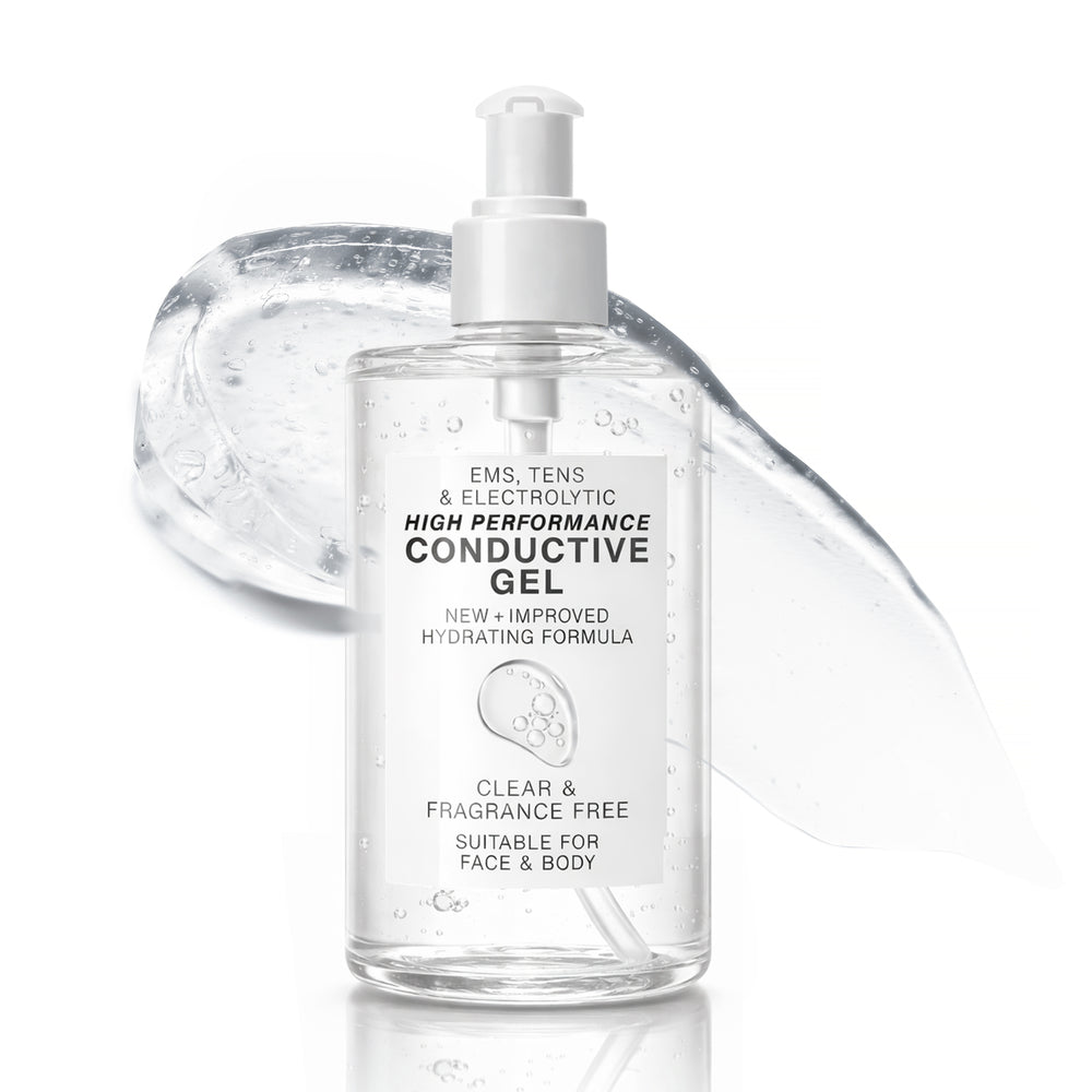 A clear pump bottle labeled “Reviber EMS, TENS, Electrolytic and Micro-Current Toning Conductive Gel - 250ml” stands in front of a smear of clear gel. Text notes it is ideal for EMS toning, TENS, electrolysis, and micro-current treatments; fragrance-free and suitable for use on both face and body.
