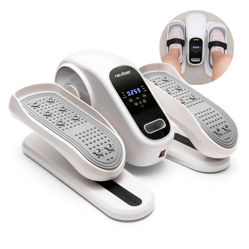 The Reviber Motorised Mini Elliptical Bike by Reviber is a compact, white unit with a digital display and textured foot pedals; inset image shows seated low-impact leg exercise with feet on the pedals.