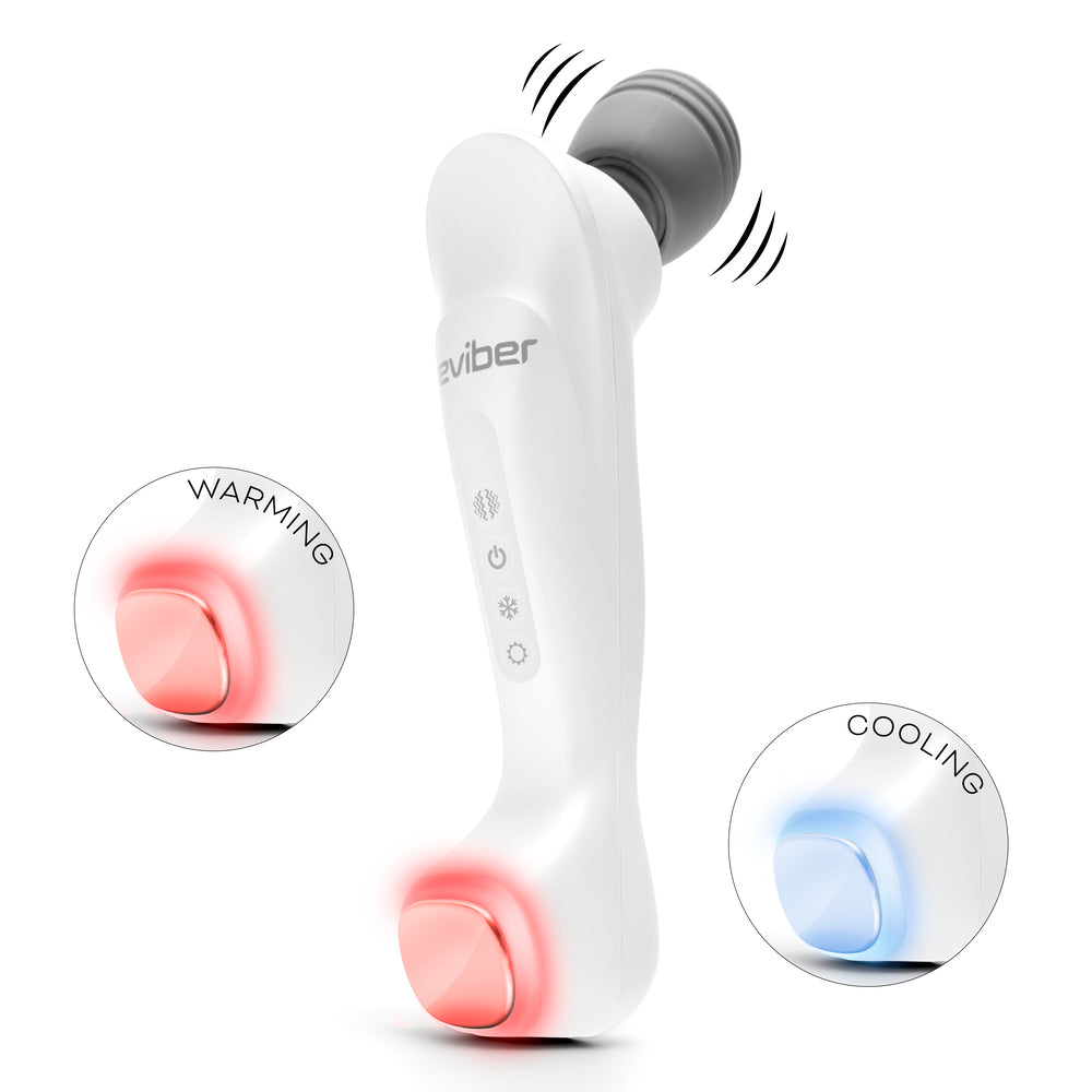 The Reviber Hot & Cold Deep Tissue Massager by Reviber features a white handheld design with a gray vibrating head. Red and blue lights at the base indicate heat or cooling, offering a spa-inspired massage experience at home.