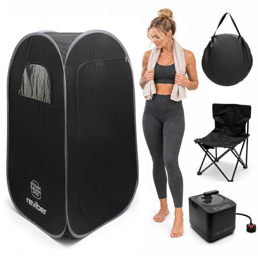 A Reviber Steam Sauna Pod featuring a woman with a towel, a carrying case, a folding chair, and a steam generator for at-home recovery and relaxation.