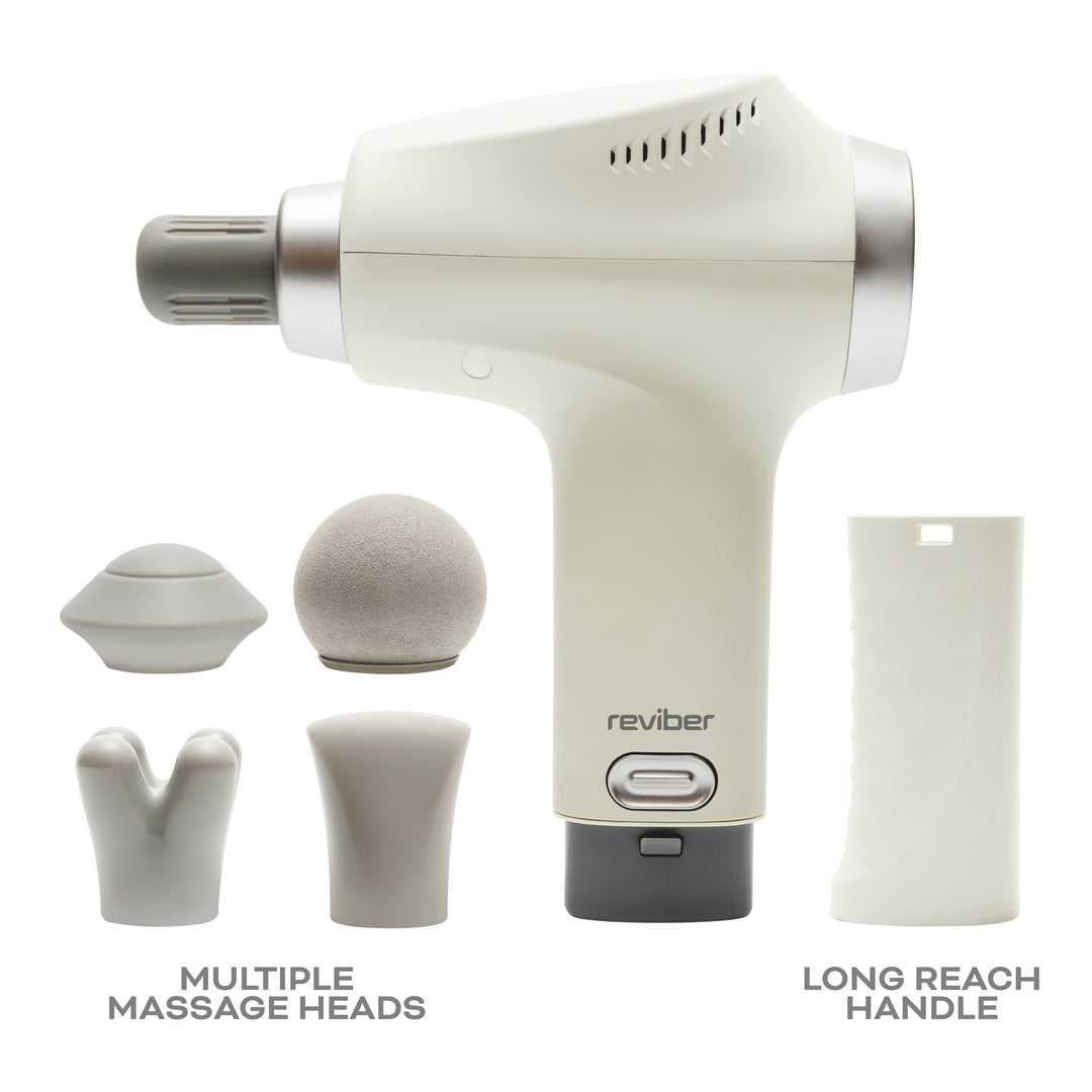 The Reviber Deep Tissue Percussion Massage Gun with Long Reach Handle by Reviber is shown in white with five interchangeable massage heads, each displayed separately on a white background. Text: MULTIPLE MASSAGE HEADS and LONG REACH HANDLE.