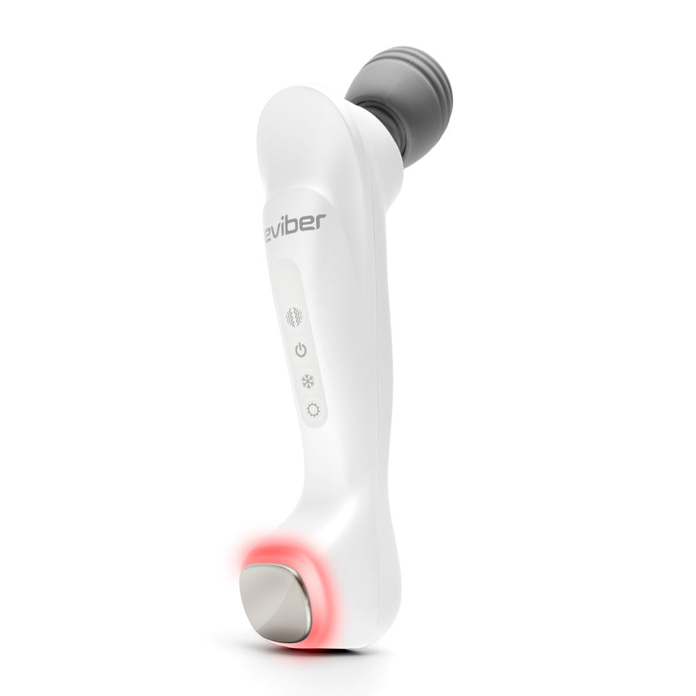 The Reviber Hot & Cold Deep Tissue Massager is a white handheld device with a gray massage head, control buttons on the handle, and a red light at the base. Enjoy spa-inspired massages at home with this branded Reviber massager.