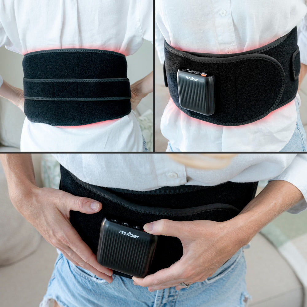 Three images show a person wearing the Reviber Zen Physio Back Therapy Belt by Reviber, strapped around their lower back and waist over a white shirt. A small device labeled "reviber" is visible on the black belt.