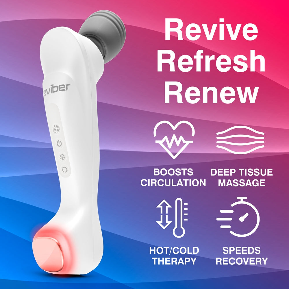 The Reviber Hot & Cold Deep Tissue Massager by Reviber, in white with gray and red accents, is displayed on a pink-blue gradient. Features include Boosted Circulation, Spa-Inspired Massage, Hot/Cold Therapy, Deep Tissue Relief, and Fast Recovery.