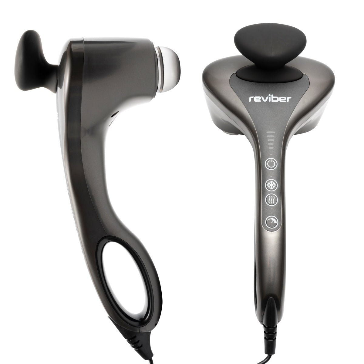Two views of the Reviber Hot and Cold Percussion Massager by Reviber, shown from the side and top. This gray device features a large massage head, ergonomic handle, and illuminated controls for customizable muscle relief.