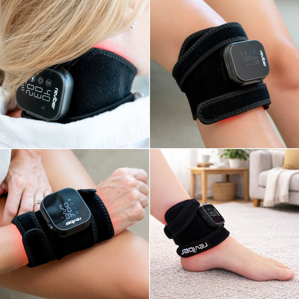 Collage of four images shows a person using the Reviber Infrared Light Therapy Pad by Reviber—a black wearable device with a digital display—on their neck, arm, wrist, and ankle in a home setting.