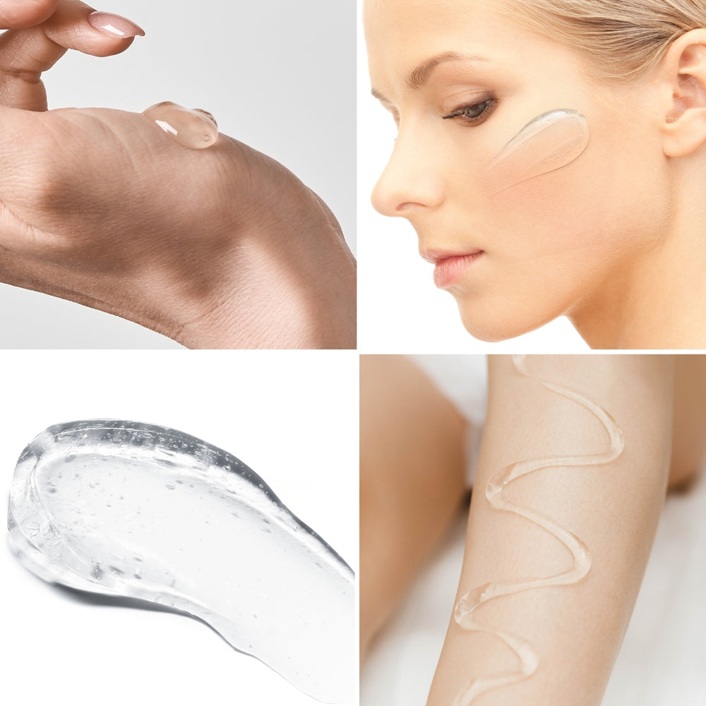 A collage features Reviber EMS, TENS, Electrolytic and Micro-Current Toning Conductive Gel (2 x 250ml): clear gel on a hand, a woman applying the gel to her cheek before using a micro-current device, a close-up of the gel’s texture, and the gel swirled onto a forearm.