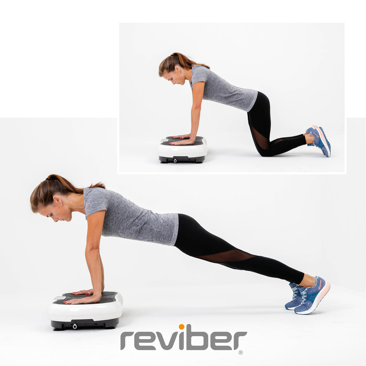 A woman in athletic wear demonstrates a push-up on the Reviber Superslim Vibration Plate Exerciser, showing both the plank position and knees-on-ground modification. The Reviber brand name appears at the bottom, highlighting the product.
