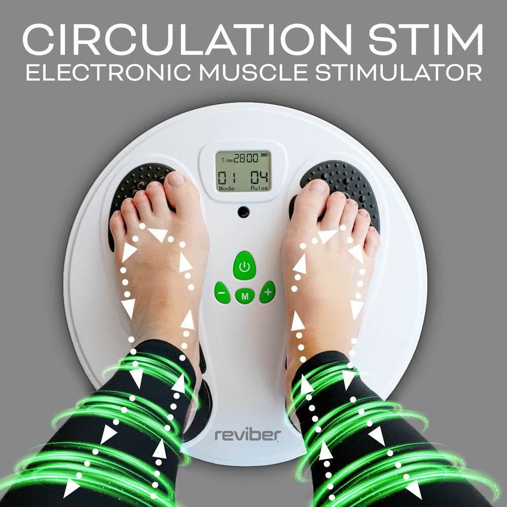 Top view of bare feet on the Reviber Circulation Stim - Electronic Muscle Stimulator by Reviber, with green swirling graphics around the legs. Text: Supports active recovery and helps reduce fatigue, swelling, and soreness.