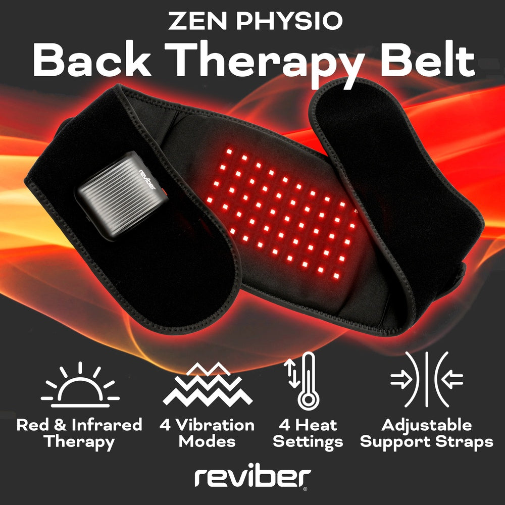 The Reviber Zen Physio Back Therapy Belt is shown in black with infrared light. Icons show features: red & infrared therapy, 4-mode vibration massage, 4 heat settings, and adjustable support straps. Reviber logo appears below.