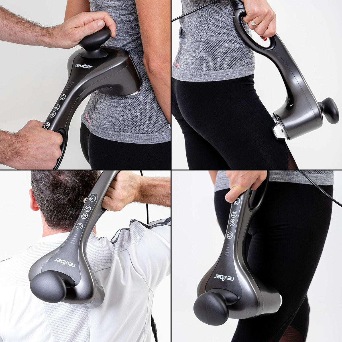 A collage shows people using the Reviber Hot and Cold Percussion Massager on their back, shoulder, and thigh. This dual mode black massager by Reviber has a handle and control buttons for soothing muscle relief.
