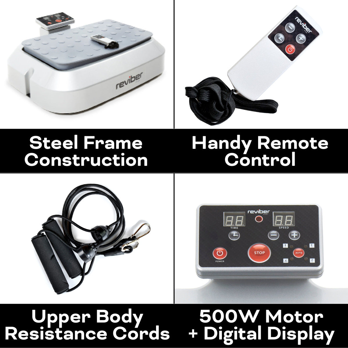 Four-panel collage featuring the Reviber Plus Oscillating Vibration Plate Exerciser: steel frame, handy remote, resistance cords for upper body workouts, and a control panel with 500W motor and digital display by Reviber.