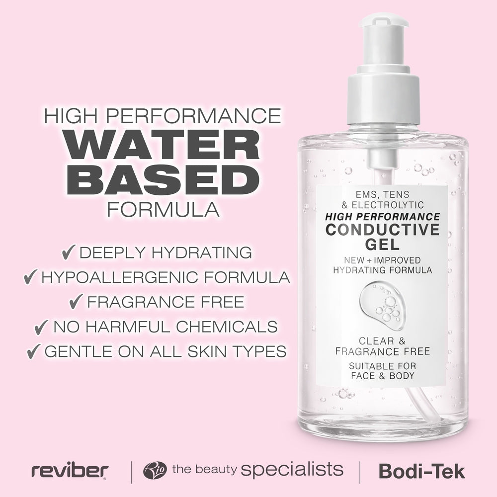 On a pink background sits a bottle of Reviber EMS, TENS, Electrolytic and Micro-Current Toning Conductive Gel (2 x 250ml), complete with a convenient pump dispenser. This water-based, hydrating gel is hypoallergenic, fragrance-free, contains no harmful chemicals, and is gentle on all skin types—perfect for use on both the face and body. Ideal for enhancing the effectiveness of your favorite EMS toning or micro-current device.