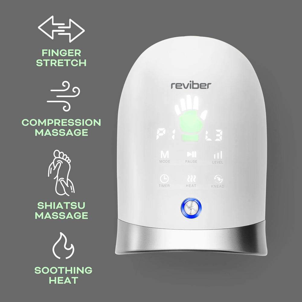 Reviber Hand Spa Massager with Heat & Finger Stretch by Reviber shown on a gray background, featuring an illuminated display. On the left, green icons and text highlight its features: finger stretch, air compression massage, shiatsu massage, and soothing heat.