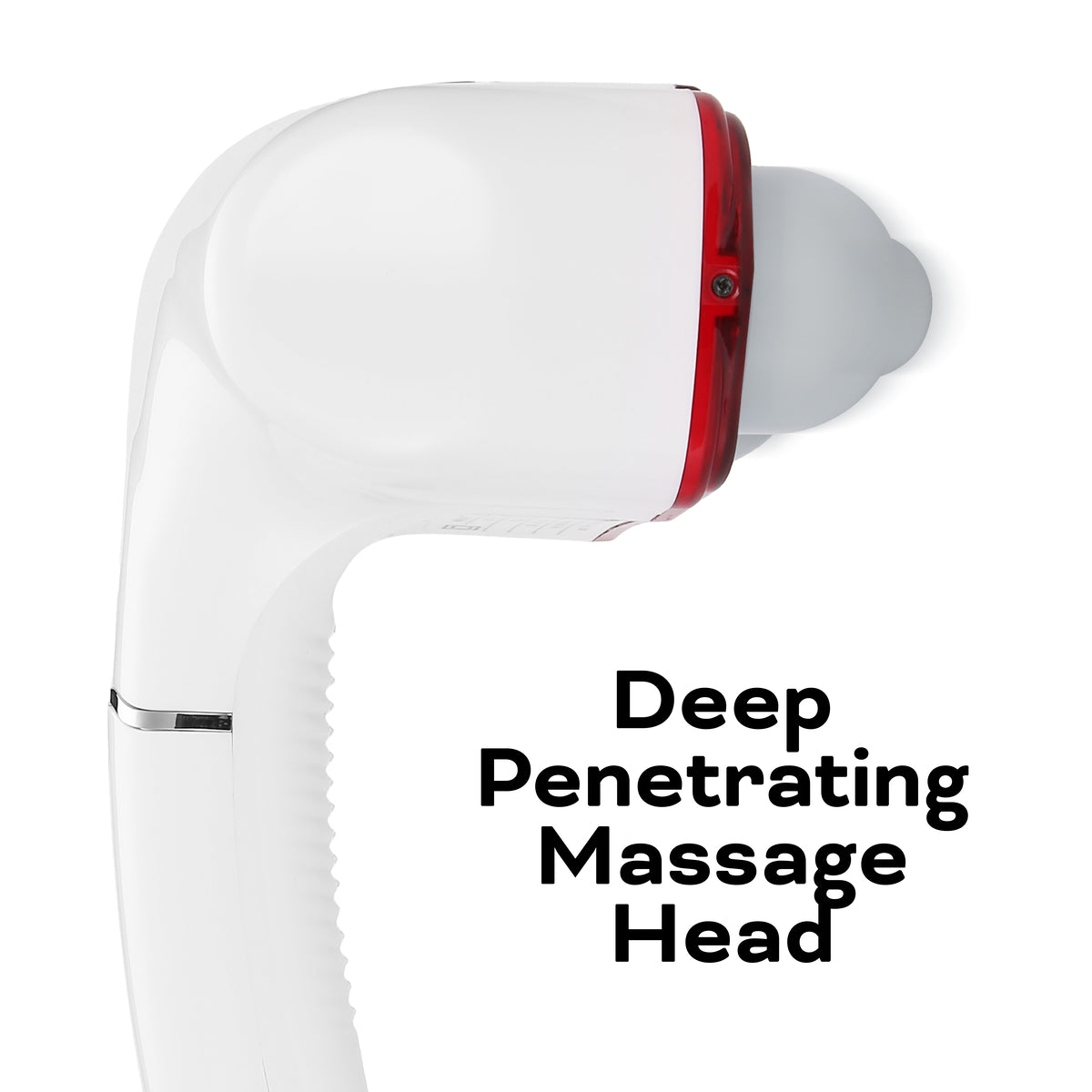 The Reviber Zen Physio Deep Tissue Massager by Reviber features a white handheld design with a red accent and gray rounded massage head, shown beside “Deep Penetrating Massage Head”—ideal for muscle pain relief.