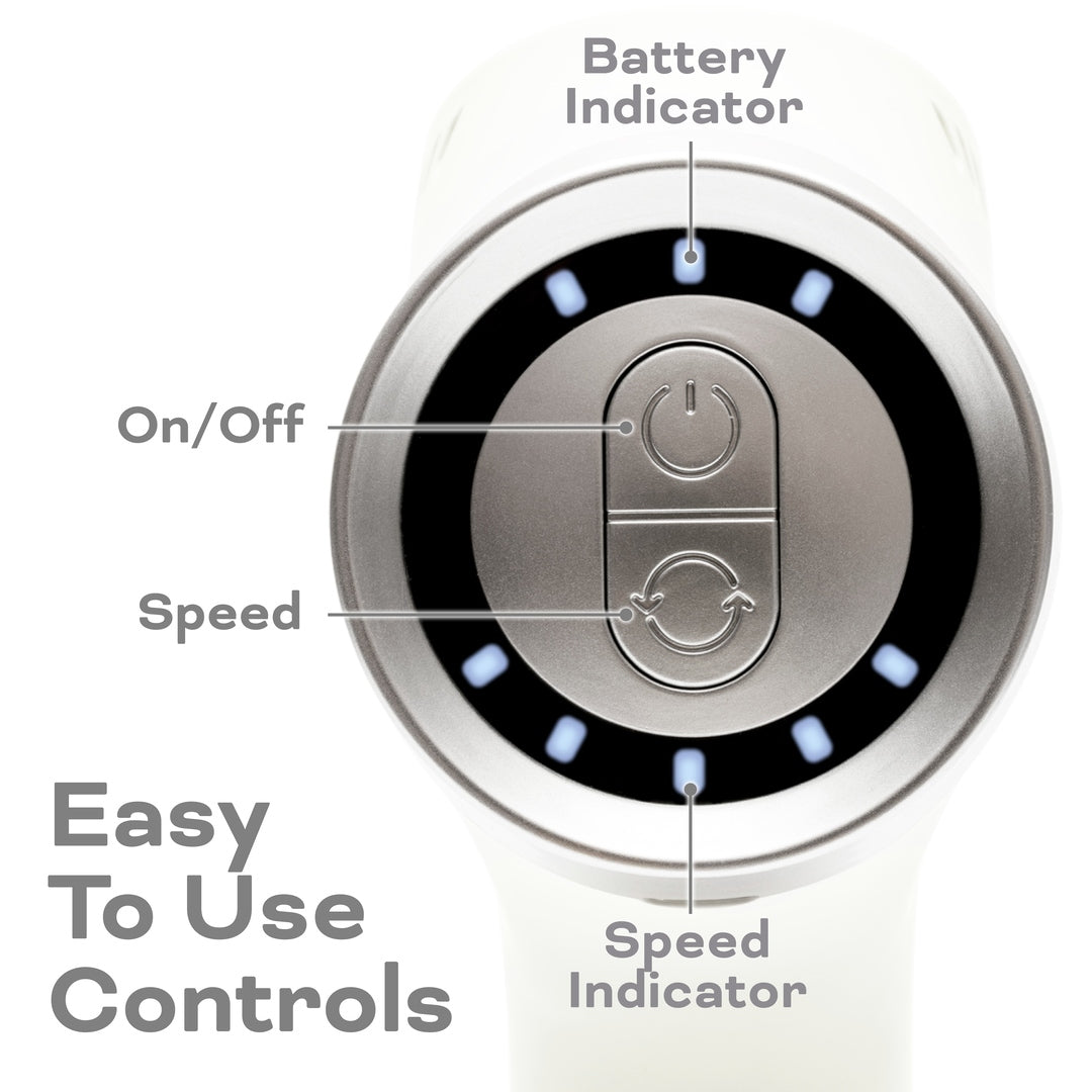 Close-up of the Reviber Deep Tissue Percussion Massage Gun with Long Reach Handle's control panel, featuring a battery indicator, on/off and speed buttons, and speed lights. Modern Reviber design with clear labels—compatible with multiple massage heads.