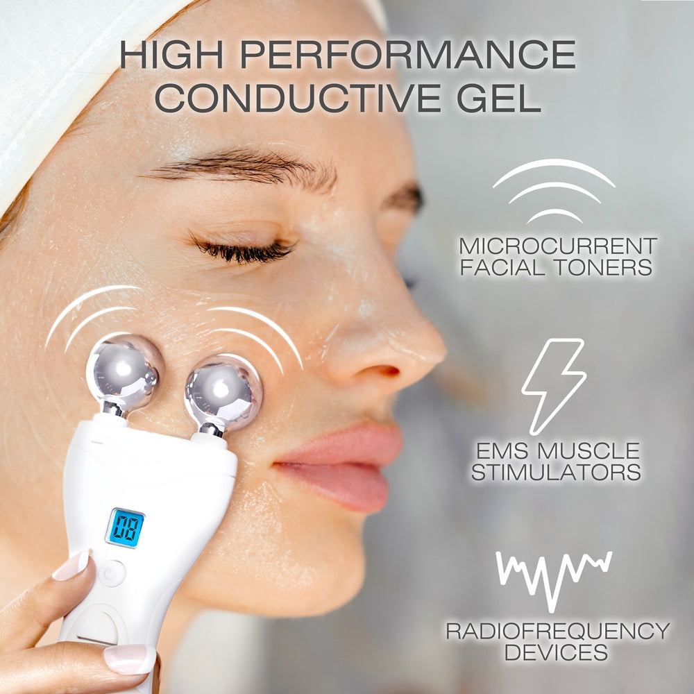 A woman applies Reviber EMS, TENS, Electrolytic and Micro-Current Toning Conductive Gel (2 x 250ml) to her cheek before using a handheld micro-current device. Text highlights the benefits of pairing conductive gel with microcurrent facial toners, EMS muscle stimulators, and radiofrequency devices for optimal skin toning results.