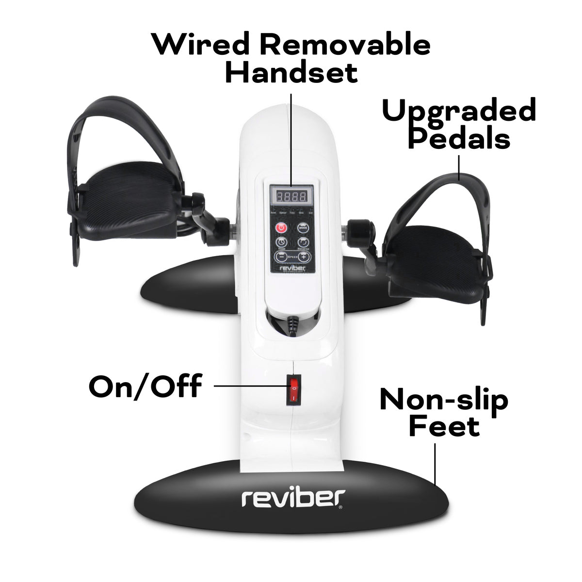 Top-down view of the white Reviber Mini Motorised Exercise Bike showing its labeled features: wired removable handset, upgraded pedals, on/off switch, and non-slip feet. The control panel sits above the Reviber brand name at the base—perfect for low-impact rehab.